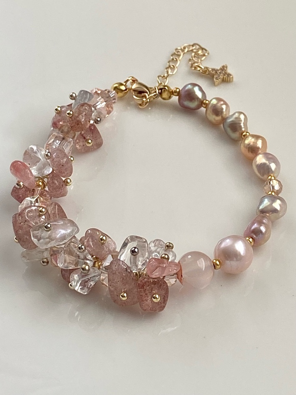 B166-Handmade Strawberry Quartz, Clear Quartz And Metallic Pearl Bracelet